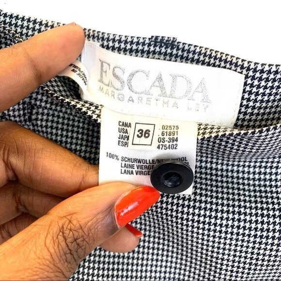 ESCADA HOUNDSTOOTH BLACK DESIGNER SKIRT OFFICE SUMMER WOOL MINI  SKIRT 36 EUC - Picture 6 of 10